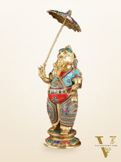 29-inch Standing Lord Ganesha Statue with Umbrella meenakari Stonework