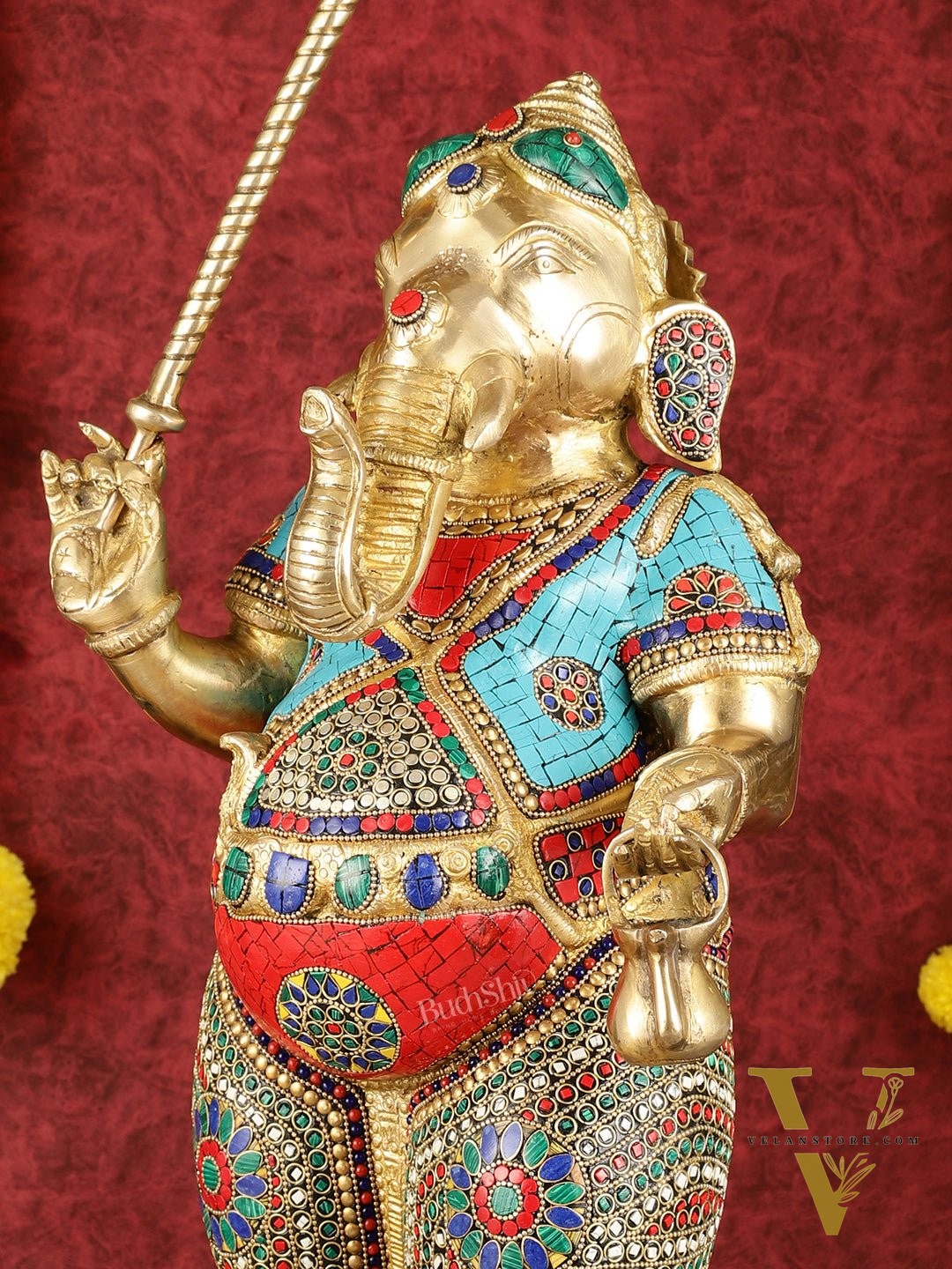 29-inch Standing Lord Ganesha Statue with Umbrella meenakari Stonework