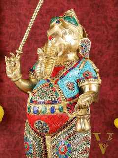 29-inch Standing Lord Ganesha Statue with Umbrella meenakari Stonework