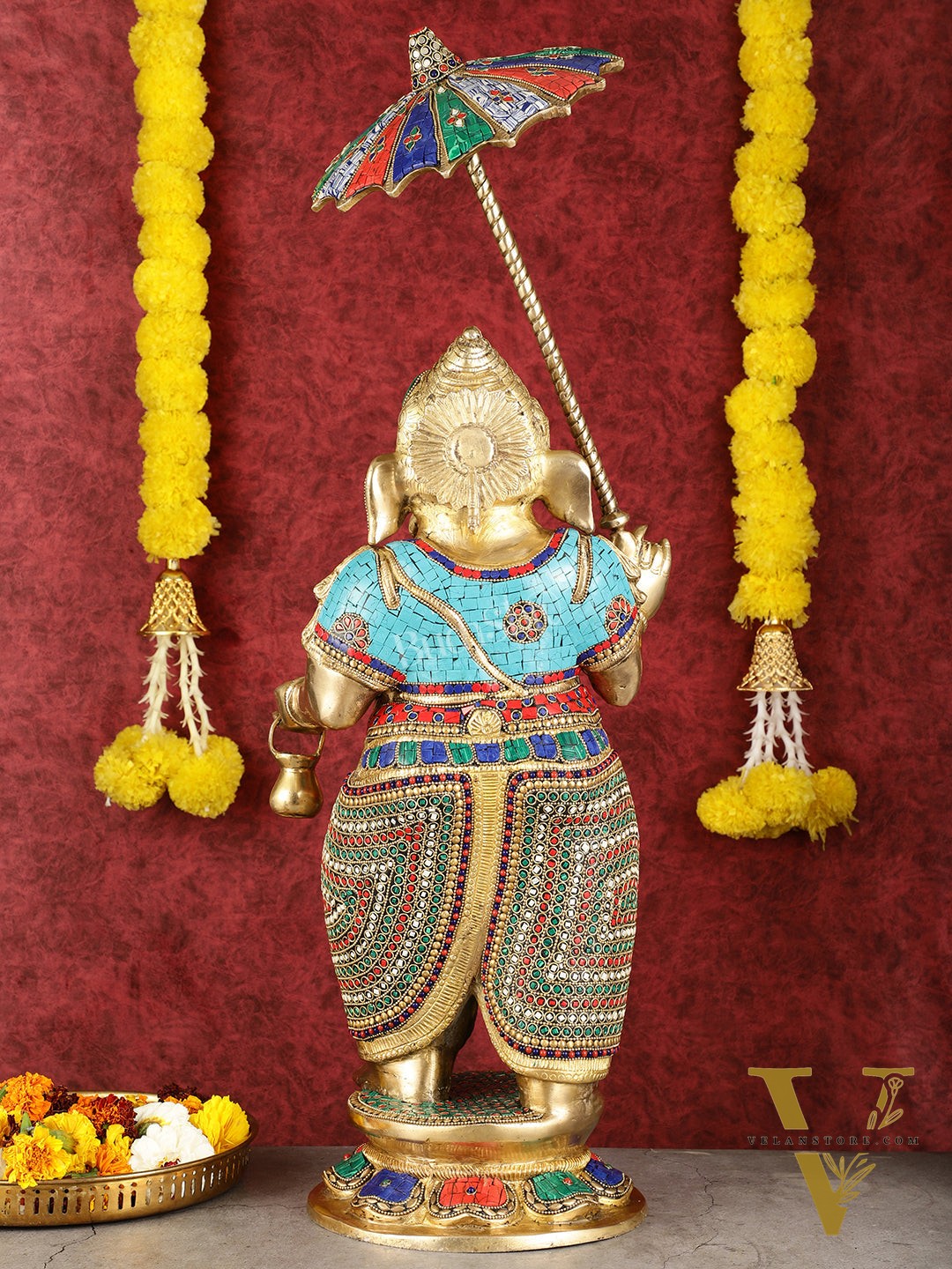 29-inch Standing Lord Ganesha Statue with Umbrella meenakari Stonework