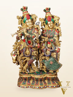 29" Superfine Large Brass Radha Krishna with cow Idol 29"