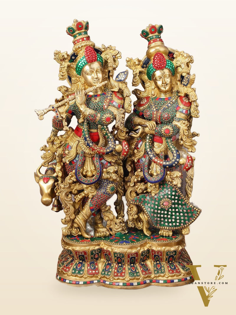 29" Superfine Large Brass Radha Krishna with cow Idol 29"