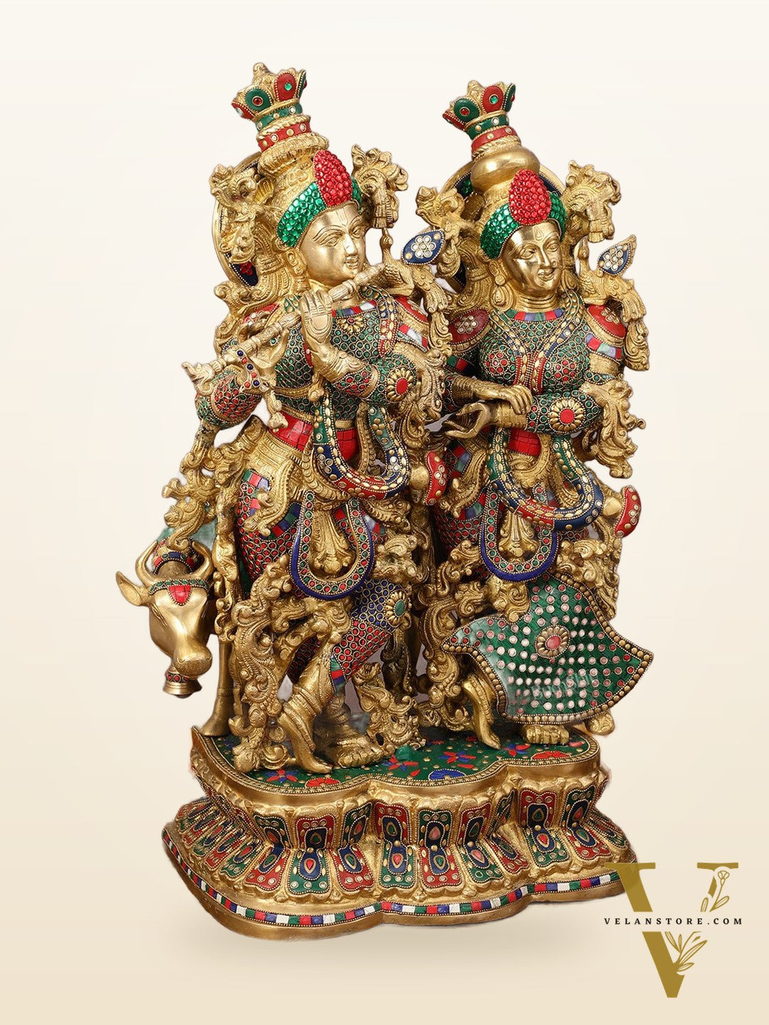 29" Superfine Large Brass Radha Krishna with cow Idol 29"