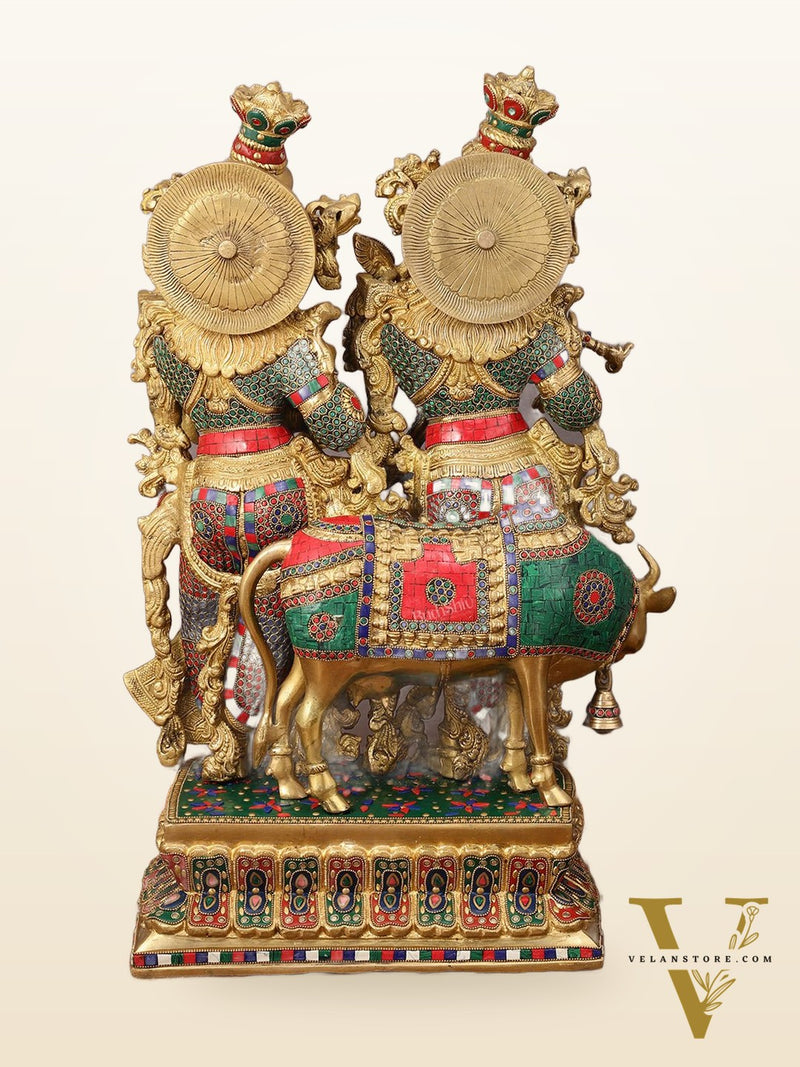 29" Superfine Large Brass Radha Krishna with cow Idol 29"