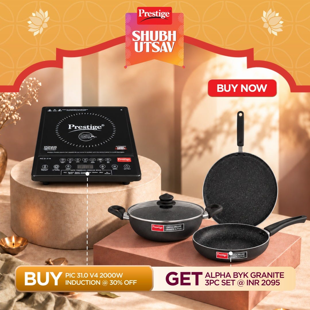 Prestige Induction Cooktop PIC 31.0 V4 + Prestige Omega Deluxe Granite Alpha 3 Pc BYK Non-Stick Set: Kadai 24cm with Glass Lid, Omni Tawa 28cm, Fry Pan 24cm, Gas & Induction Compatible