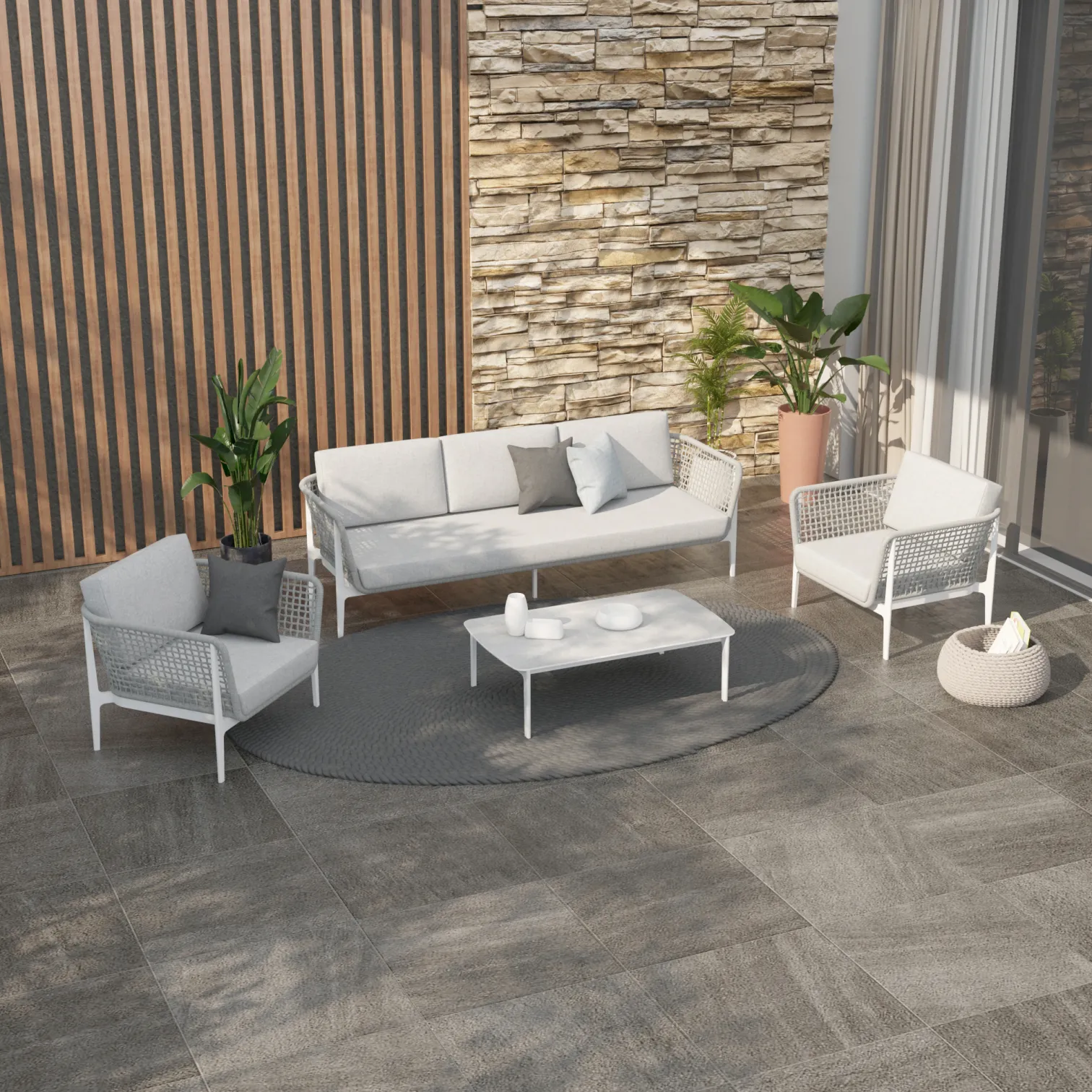 Fadad Outdoor Garden Balcony Sofa Set  2 Seater, 2 Single seater and 1 Center Table Set, Braid & Rope(Grey)