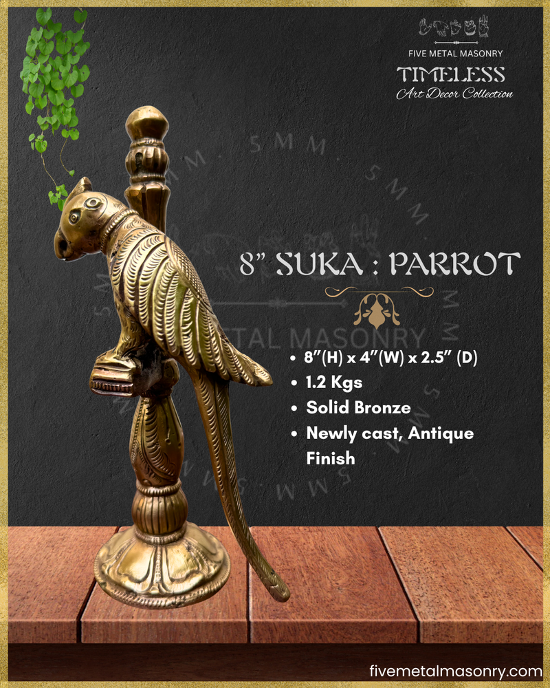 Suka:Parrot perched on pillar Panchaloha Bronze Icon - 8"- Timeless Collection