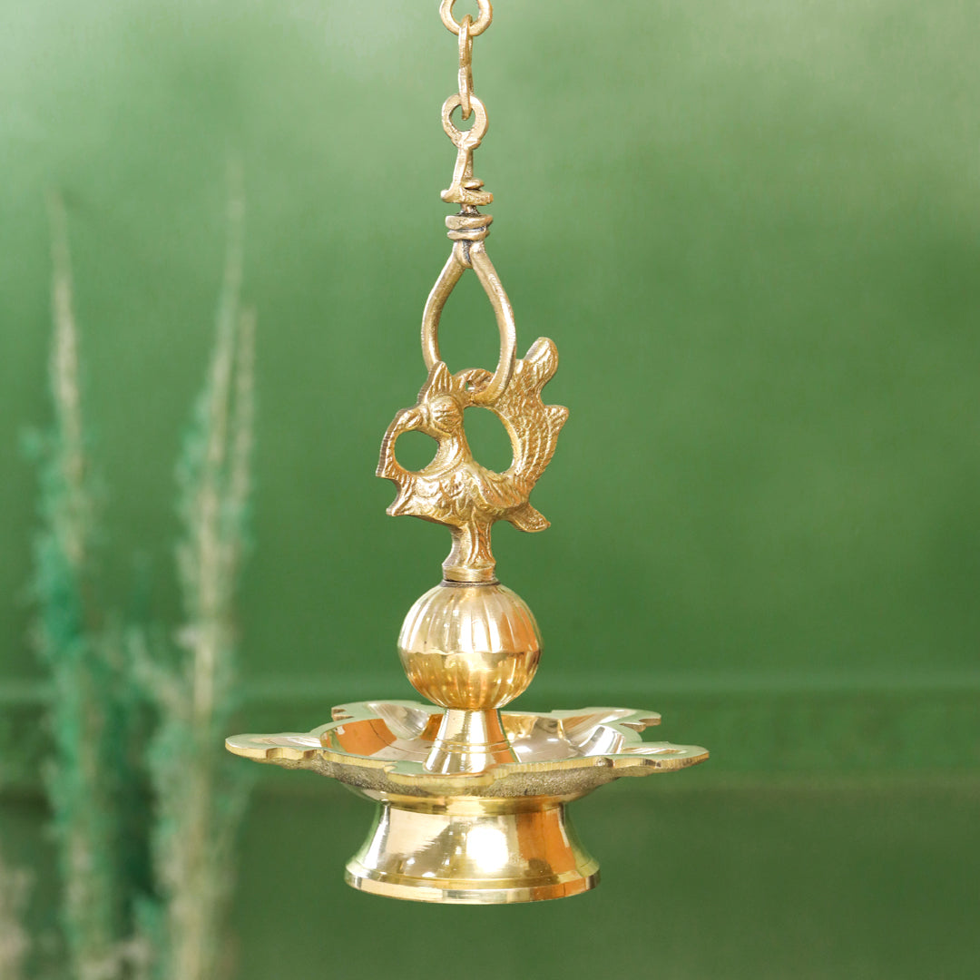 Brass Peacock Hanging Samai/Diya (32 Inch)