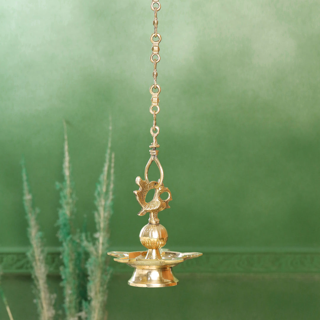 Brass Peacock Hanging Samai/Diya (32 Inch)