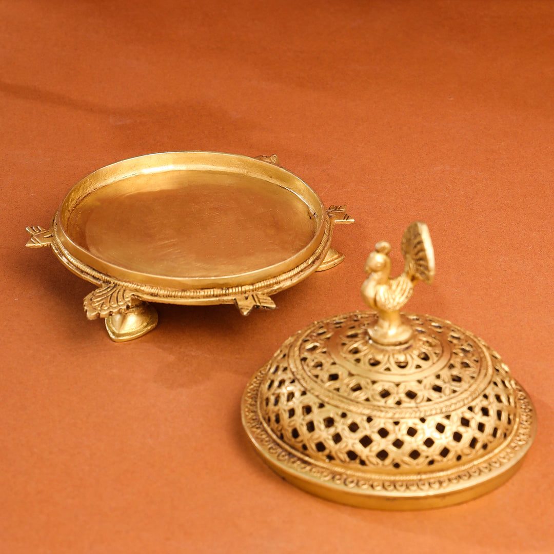 Brass Tortoise Peacock Dhoop Dani & Incense Holder (5 Inch)