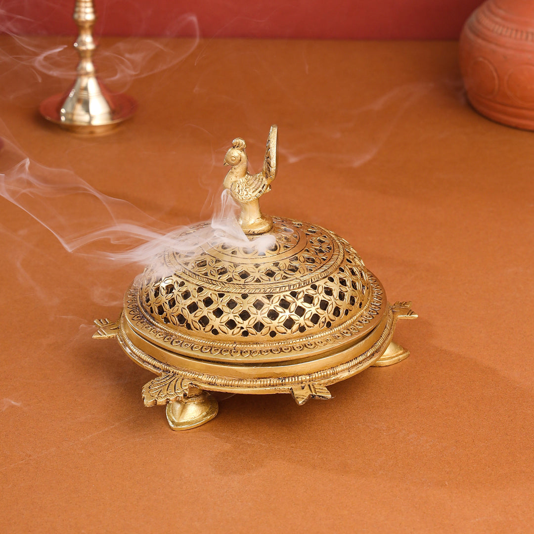 Brass Tortoise Peacock Dhoop Dani & Incense Holder (5 Inch)