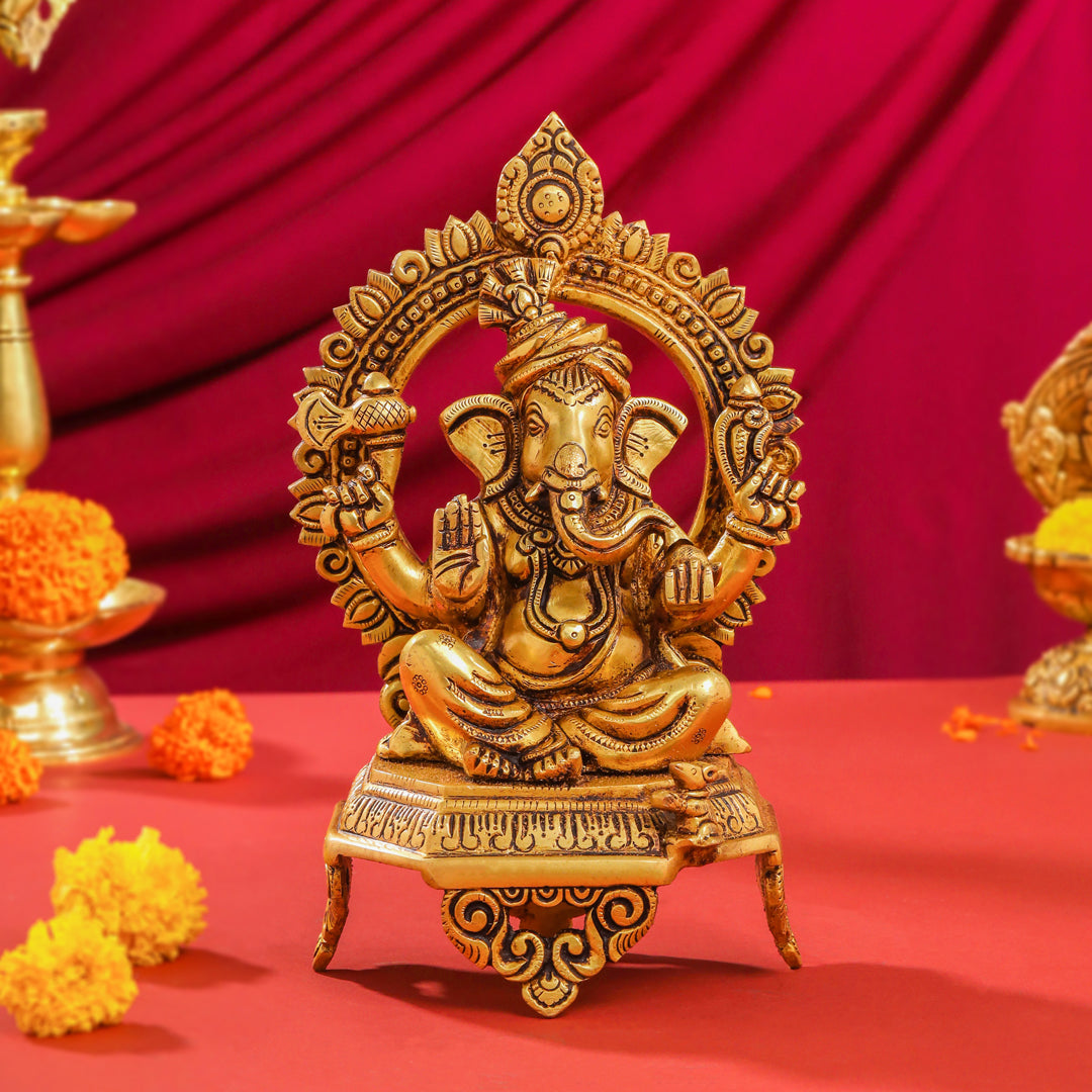 Brass Ganesha And Lakshmi On Throne Set (11 Inch)