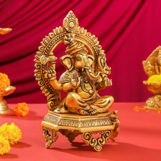 Brass Ganesha And Lakshmi On Throne Set (11 Inch)