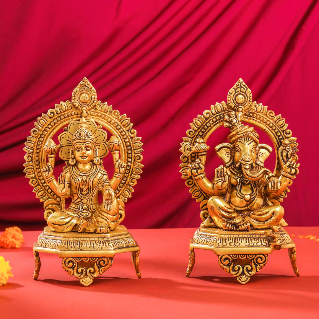 Brass Ganesha And Lakshmi On Throne Set (11 Inch)