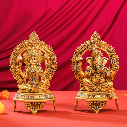 Brass Ganesha And Lakshmi On Throne Set (11 Inch)