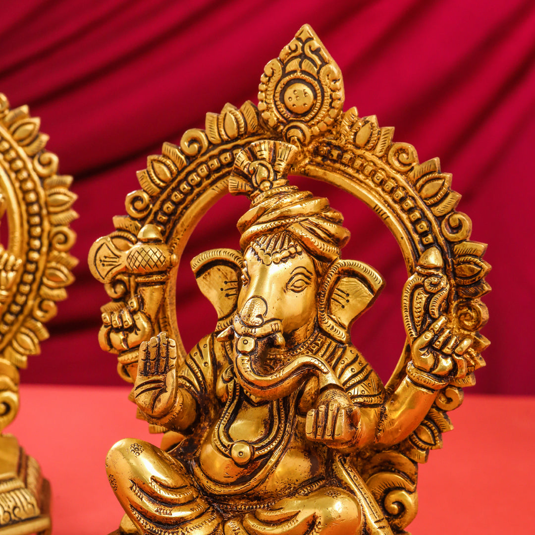 Brass Ganesha And Lakshmi On Throne Set (11 Inch)