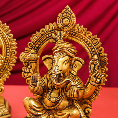 Brass Ganesha And Lakshmi On Throne Set (11 Inch)