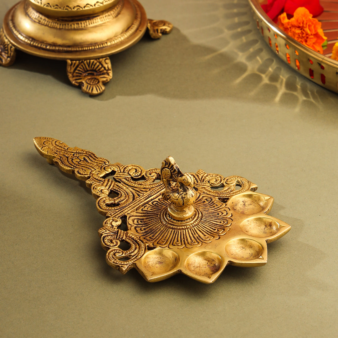 Brass Peacock Five Petal Pooja Spoon (8 Inch)