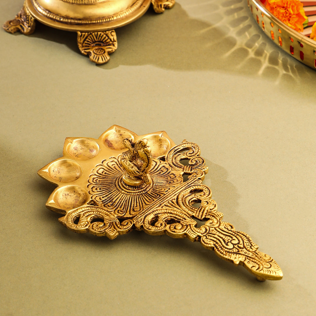 Brass Peacock Five Petal Pooja Spoon (8 Inch)