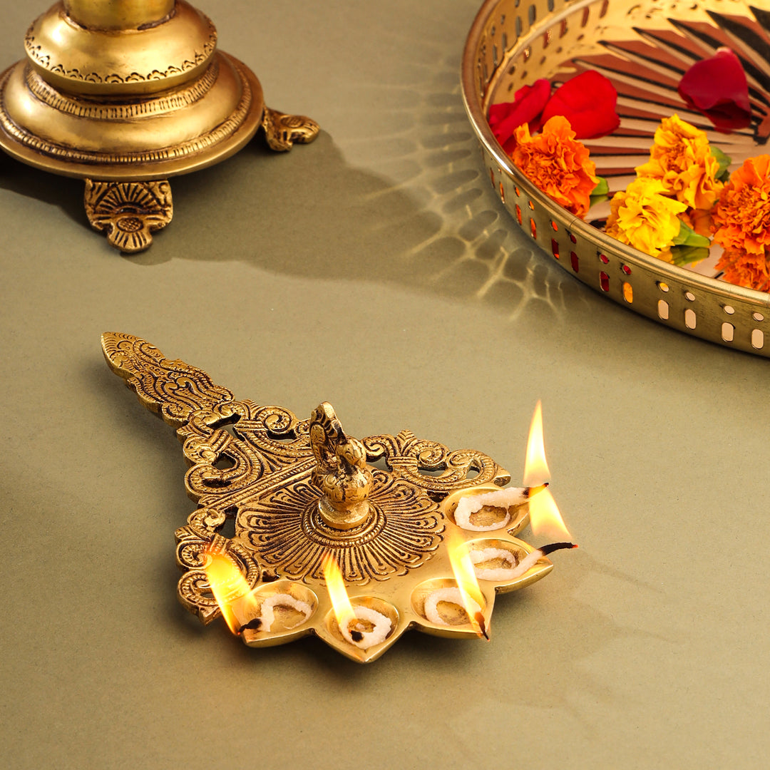 Brass Peacock Five Petal Pooja Spoon (8 Inch)