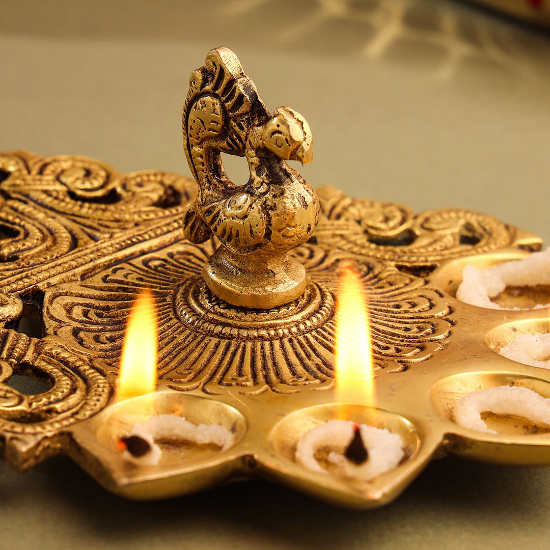 Brass Peacock Five Petal Pooja Spoon (8 Inch)