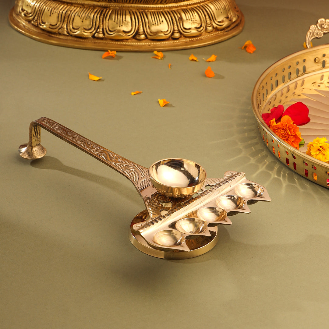 Brass Traditional Panch Aarti With Handle (10.5 Inch)