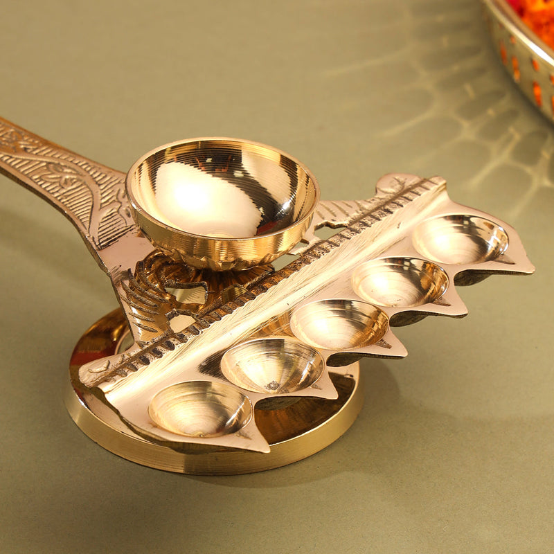 Brass Traditional Panch Aarti With Handle (10.5 Inch)