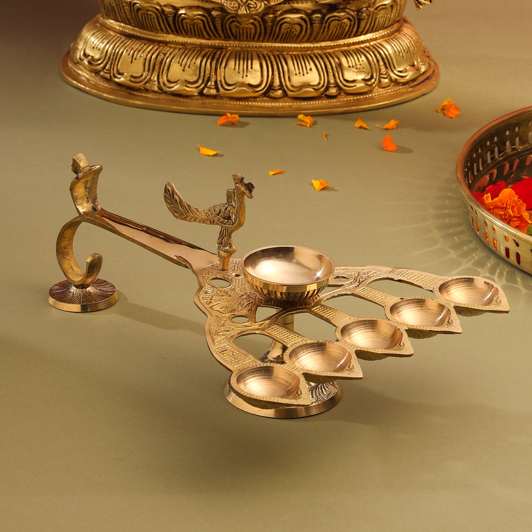Brass Peacock Panch Aarti With Handle (11.5 Inch)