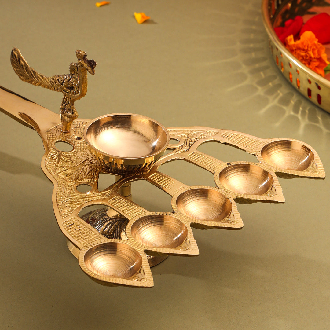 Brass Peacock Panch Aarti With Handle (11.5 Inch)