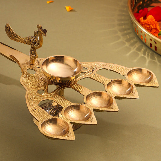 Brass Peacock Panch Aarti With Handle (11.5 Inch)