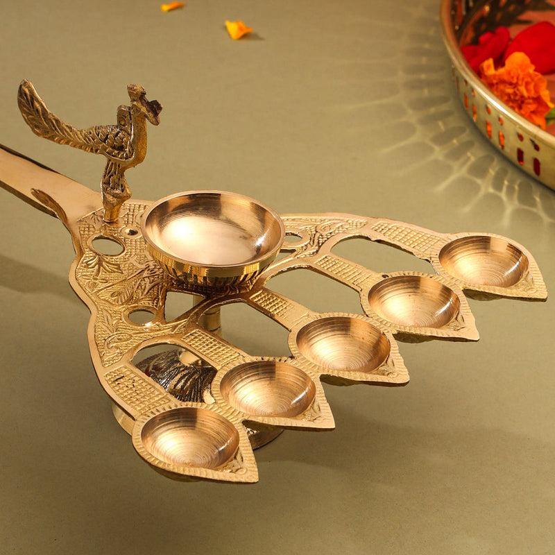 Brass Peacock Panch Aarti With Handle (11.5 Inch)