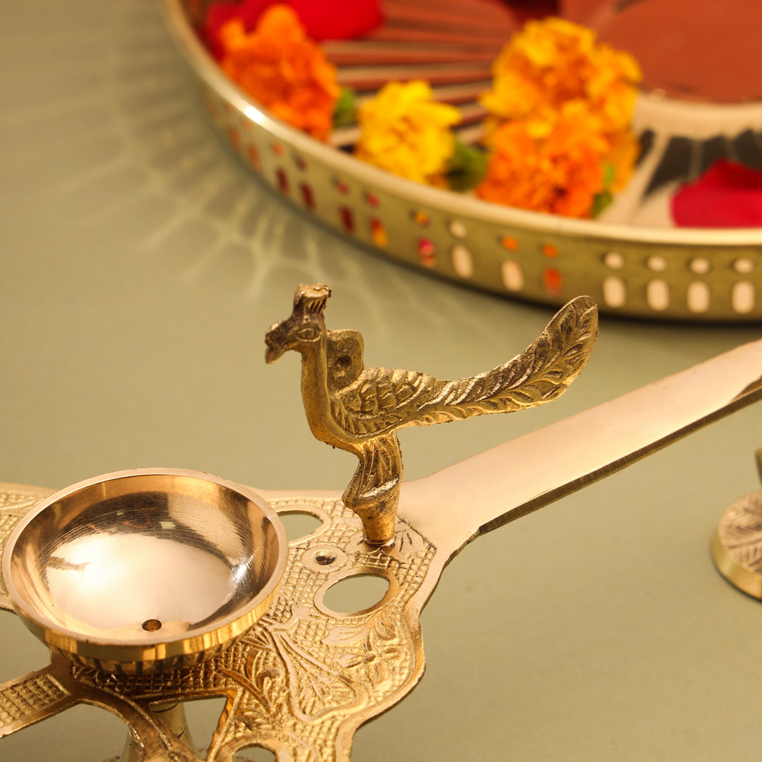 Brass Peacock Panch Aarti With Handle (11.5 Inch)