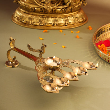 Brass Peacock Panch Aarti With Handle (11.5 Inch)