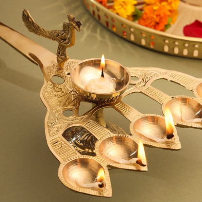 Brass Peacock Panch Aarti With Handle (11.5 Inch)