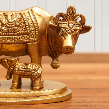 Brass Kamdhenu Cow With Calf Idol (2.5 Inch)