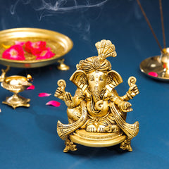 Brass Pagdi Ganesha On Chowki (7.8 Inch)