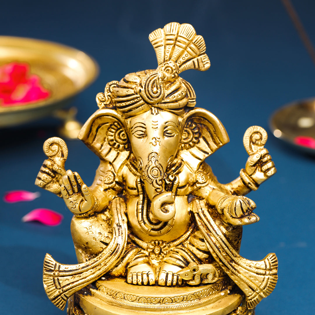 Brass Pagdi Ganesha On Chowki (7.8 Inch)