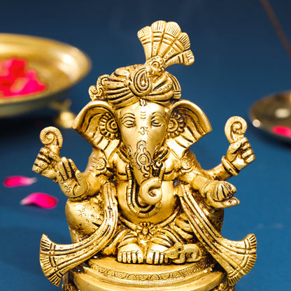 Brass Pagdi Ganesha On Chowki (7.8 Inch)