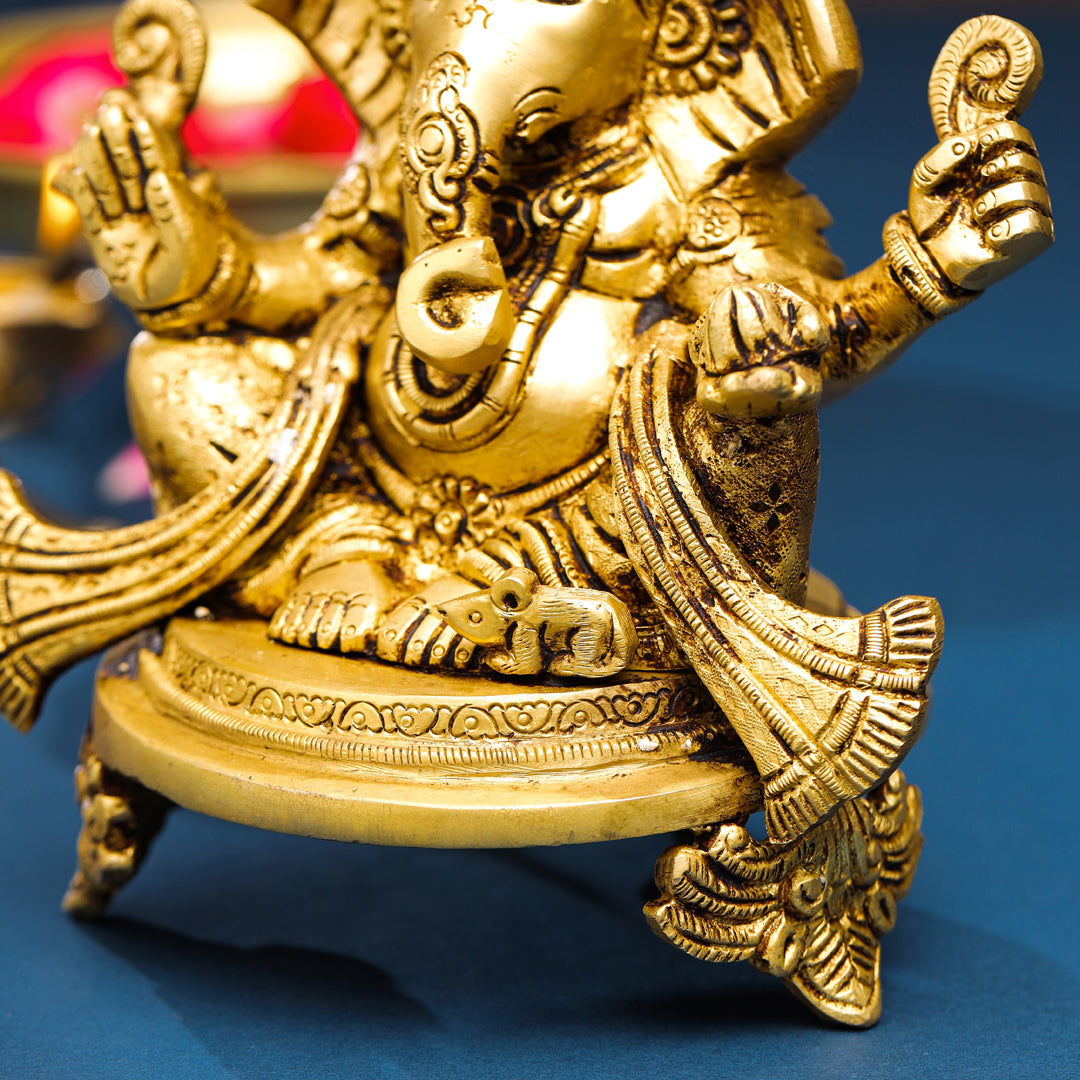 Brass Pagdi Ganesha On Chowki (7.8 Inch)