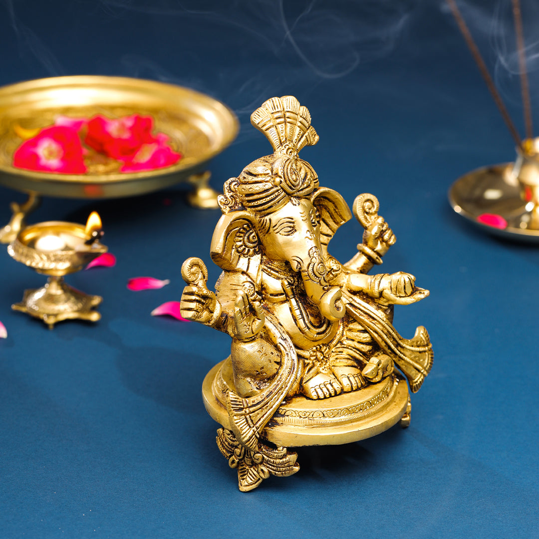 Brass Pagdi Ganesha On Chowki (7.8 Inch)