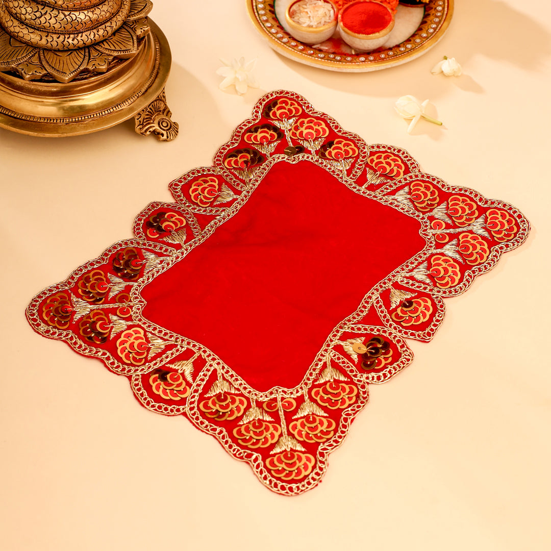 Sequin Work Red Velvet God Pooja Asana