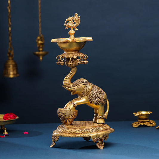 Brass Peacock Diya On Dancing Elephant (18 Inch)