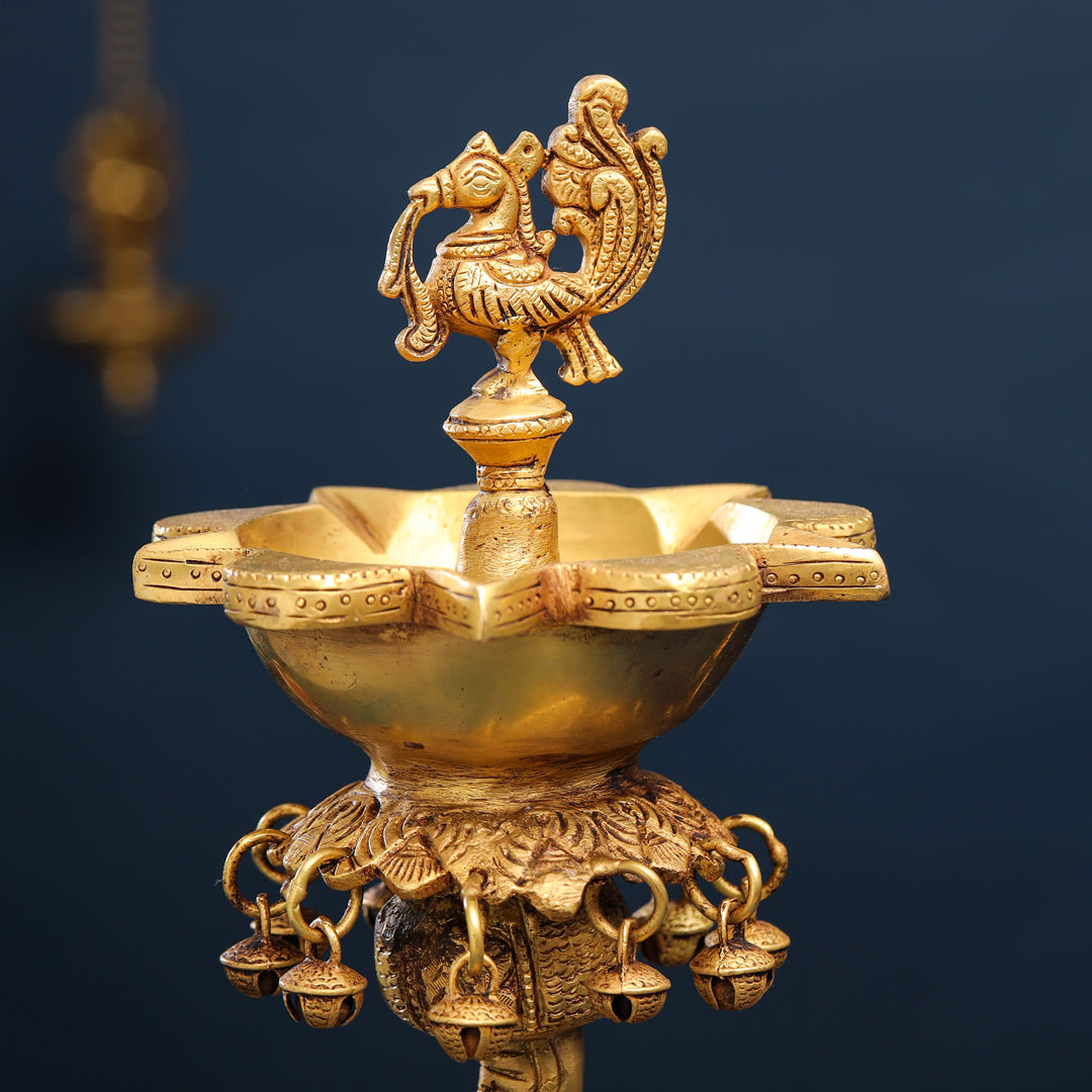 Brass Peacock Diya On Dancing Elephant (18 Inch)
