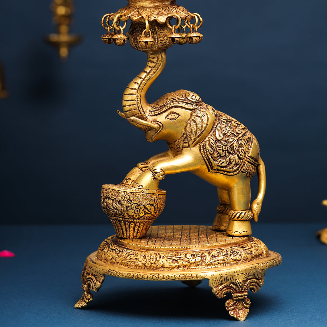 Brass Peacock Diya On Dancing Elephant (18 Inch)