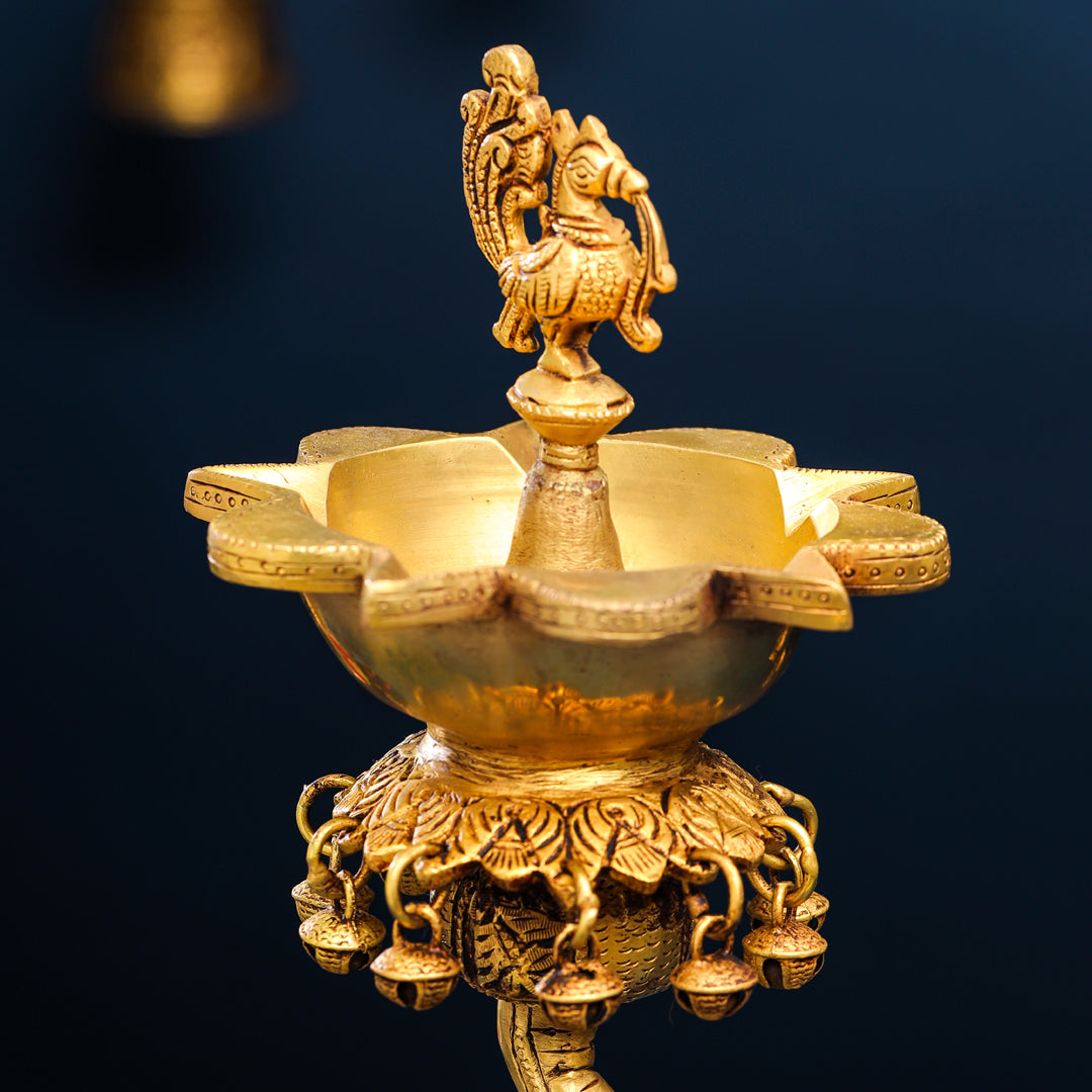 Brass Peacock Diya On Dancing Elephant (18 Inch)