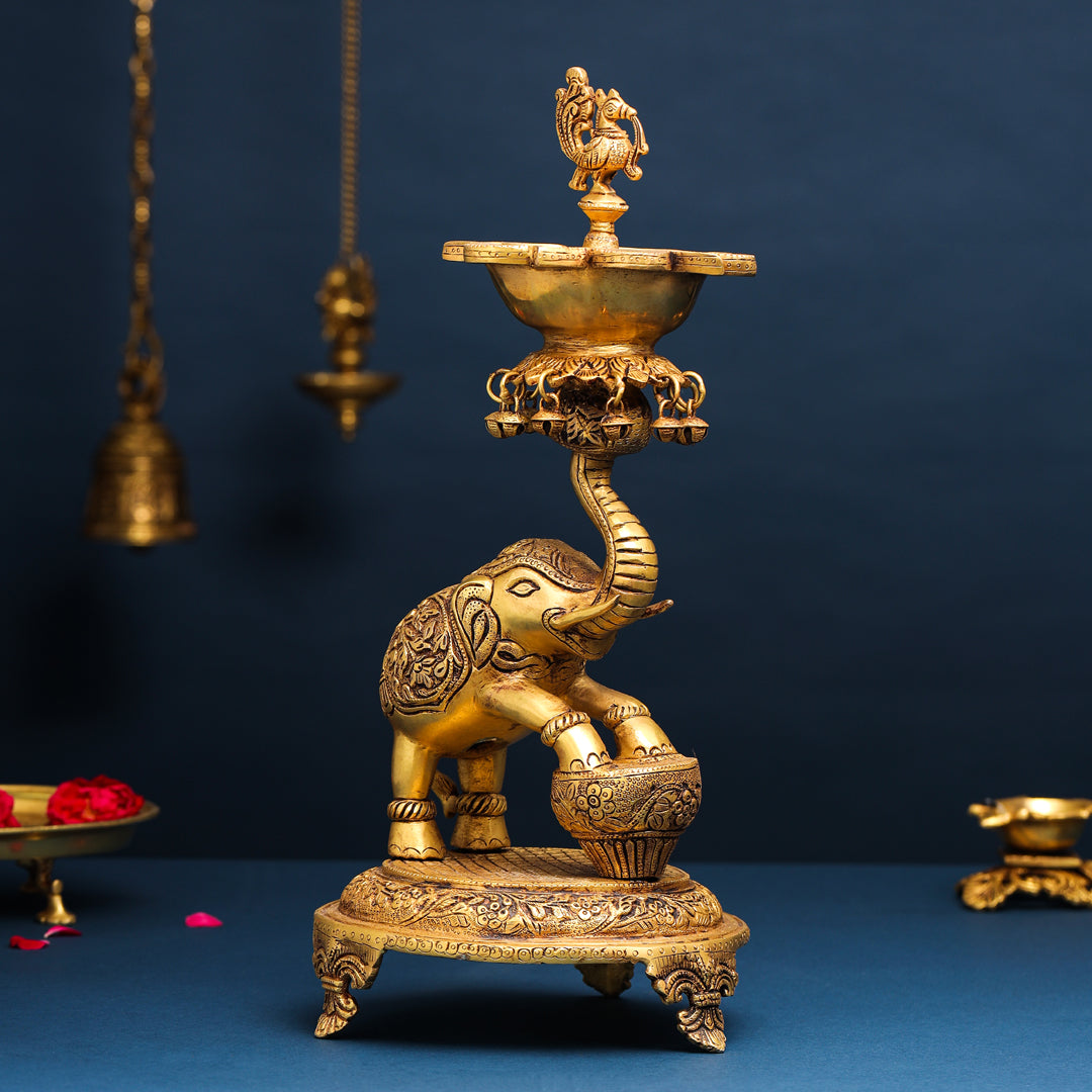Brass Peacock Diya On Dancing Elephant (18 Inch)
