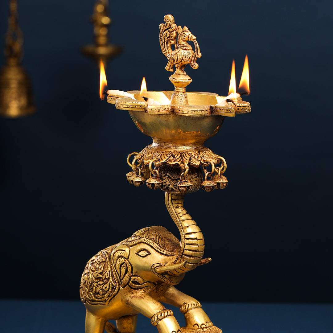 Brass Peacock Diya On Dancing Elephant (18 Inch)