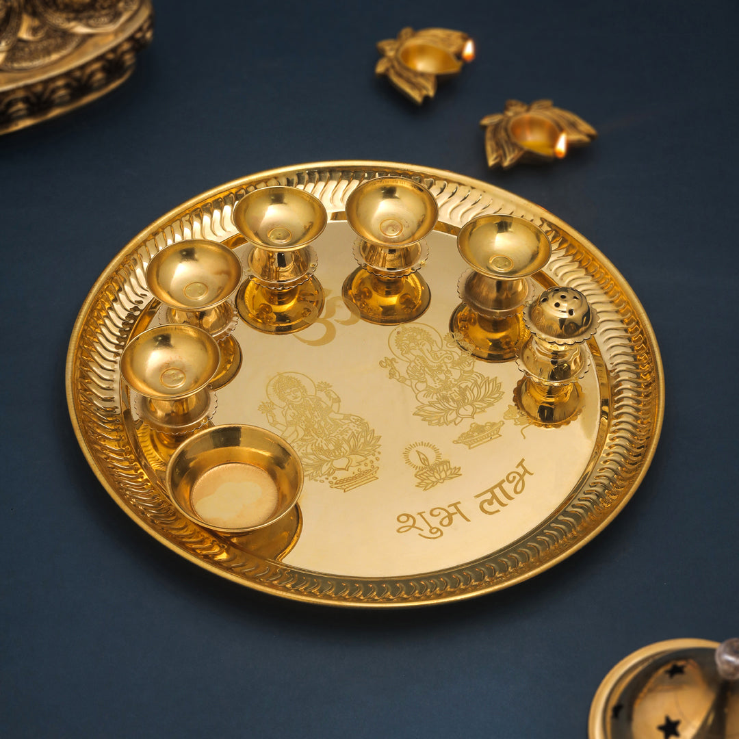 Brass Traditional Seven Deepak Pooja Thali (11.5 Inch)