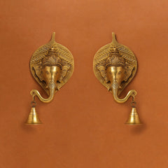 Brass Ganesha Bell On Leaf Wall Hanging (7.5 Inch)