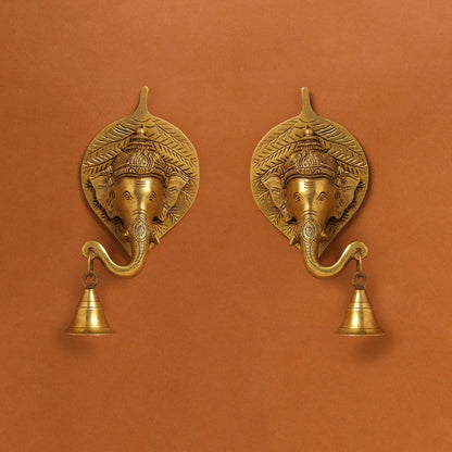 Brass Ganesha Bell On Leaf Wall Hanging (7.5 Inch)